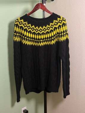Topman Black Yellow Fair Isle Cable Knit Sweater Crewneck Pullover Winter XL